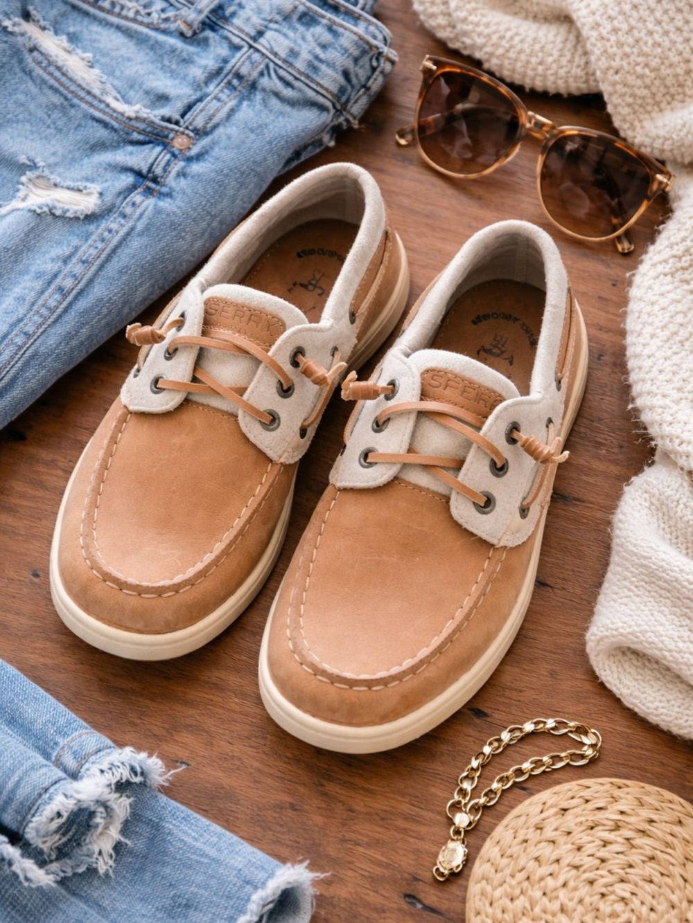 Sperry Top-Sider Women’s Boat Shoes Tan Leather Wool Blend Upper Size 8 - Picture 2 of 15